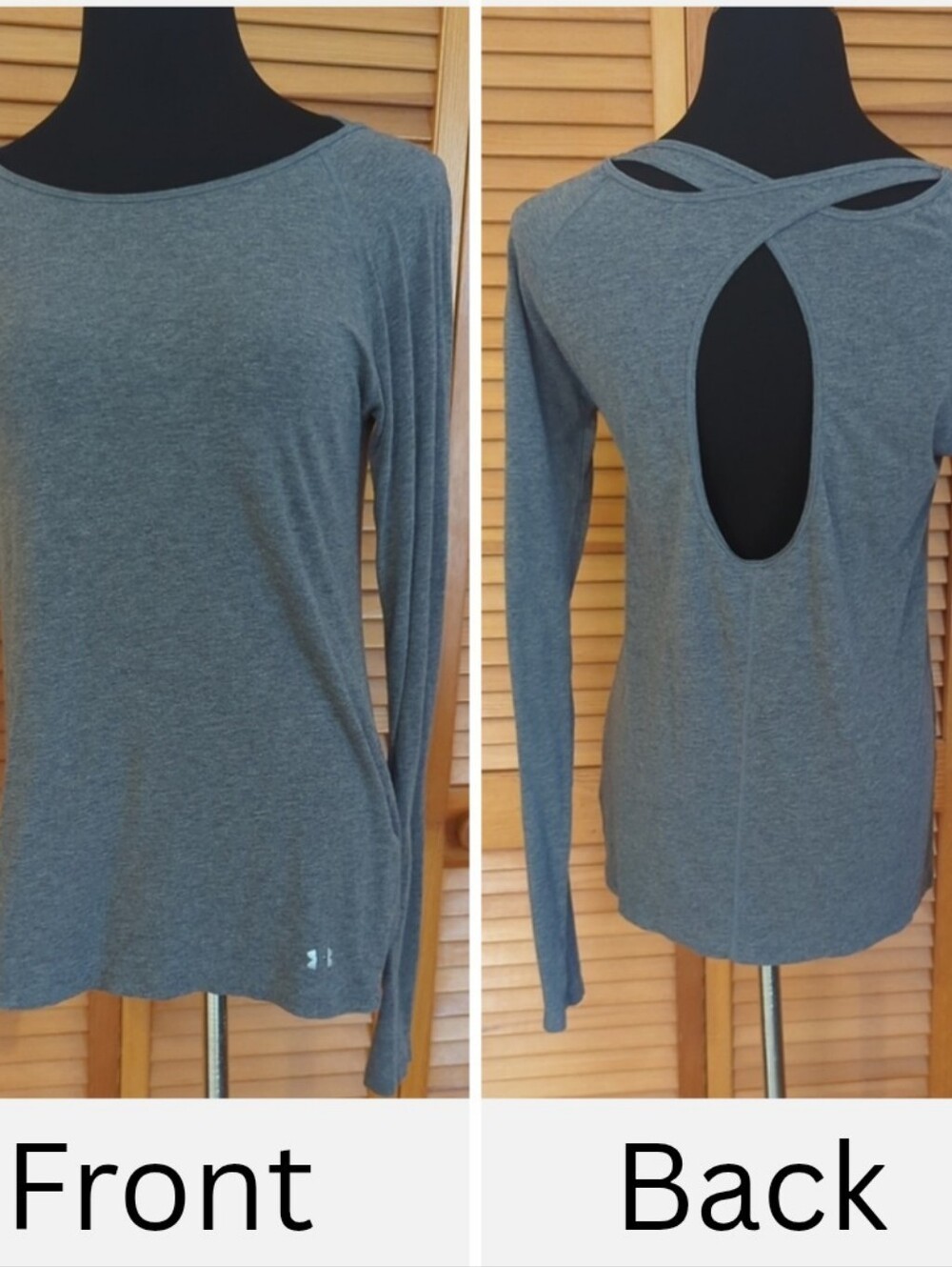 2/$20 Under Armour Long Sleeve Gray Shirt Back Crossed Straps Cutout Heat Gear